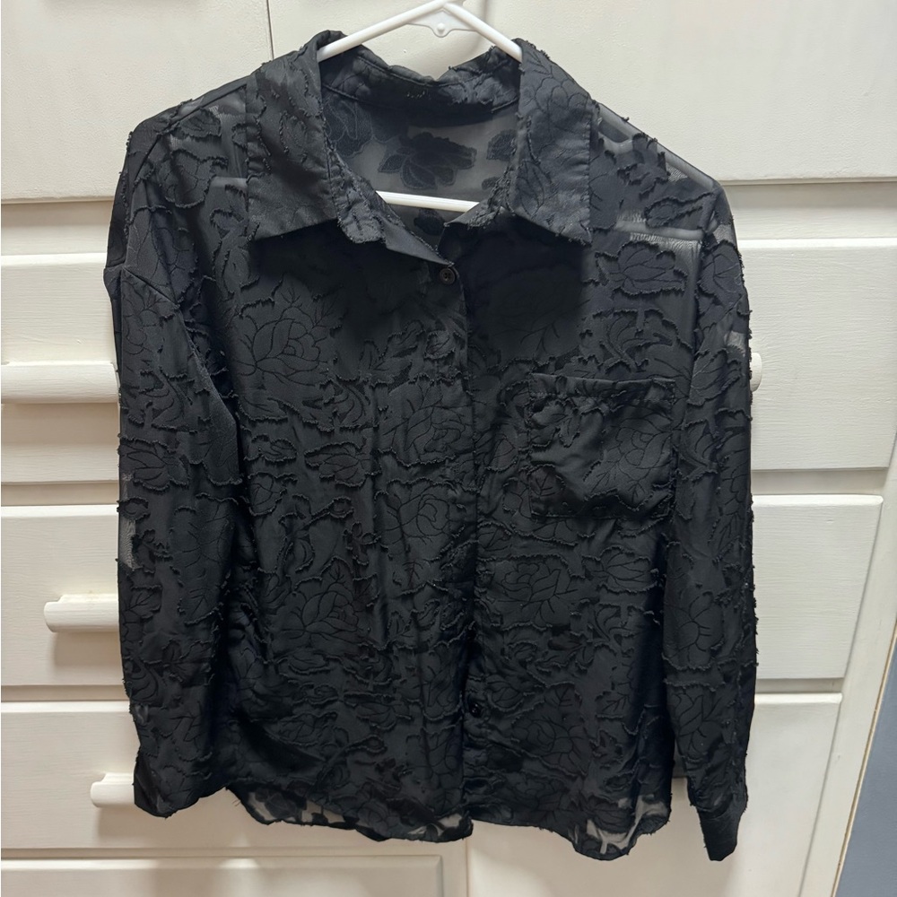 Floral Sheer Button Up Collared Womens Shirt